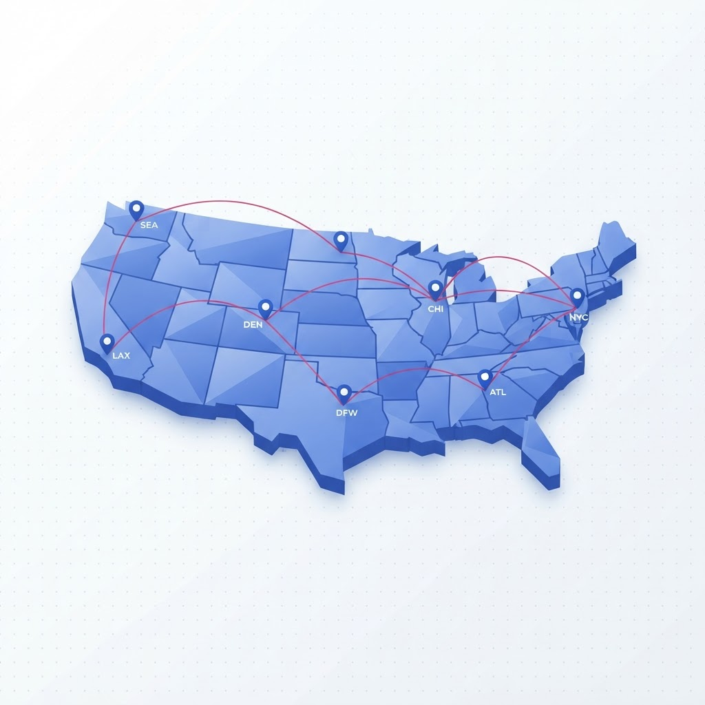 Stylized map of the United States with routes connecting cities